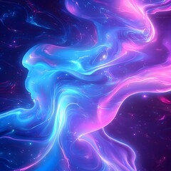 Fototapeta premium Cosmic Portrait: An ethereal artwork of a woman's face coalesces from swirling nebula, showcasing vibrant shades of blue, pink, and purple in a breathtaking display.