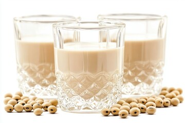 Soy milk glasses, crystal cut glass, soybeans scattered, creamy beige liquid, ornate glassware, white background, high-key lighting, food photography, macro detail, smooth texture, healthy beverage, p