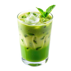 A refreshing green drink served in a glass with ice cubes and garnished with mint leaves.