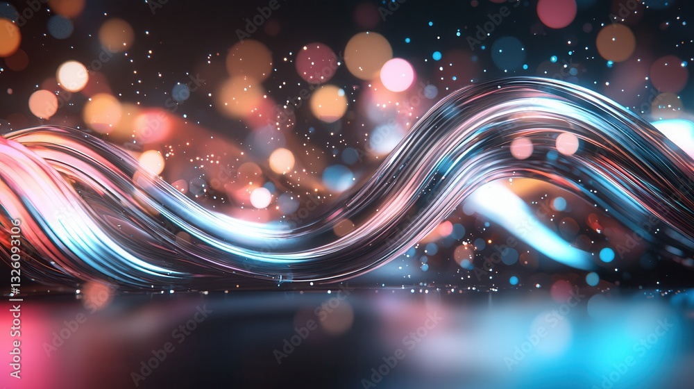Poster mesmerizing abstract composition featuring dynamic luminous waves and swirling curves in a vivid neo