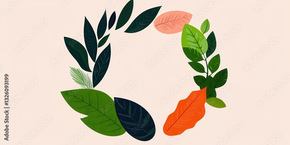 Poster a vibrant circular arrangement of various leaves in different shades and shapes, set against a soft,