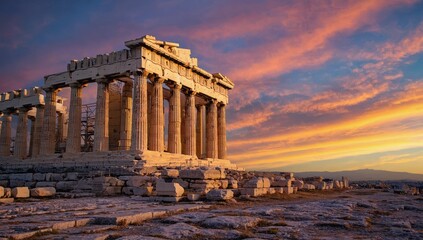 Obraz premium Sunset casts a warm glow on the Parthenon in Athens, highlighting its ancient columns and intricate details. The vibrant sky adds to the iconic historical atmosphere
