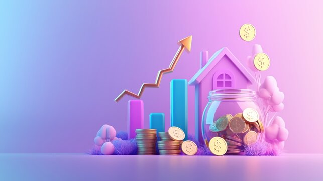3D rander A modern financial infographic with a growing bar chart, coins overflowing from a jar, and a house with an upward-trending arrow.