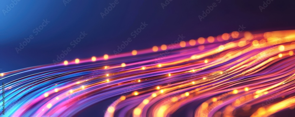 Poster A vibrant abstract image featuring flowing lines of light in shades of blue, purple, and orange, creating a dynamic and colorful visual effect.