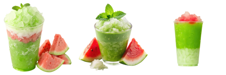 A trio of vibrant, refreshing watermelon slushes served in clear cups, garnished with mint leaves and accompanied by fresh watermelon slices.