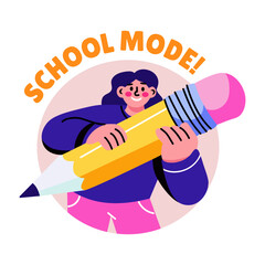 Flat sticker of a student holding a large pencil with school mode typography 