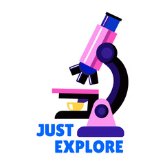 Flat sticker of a microscope with just explore typography 