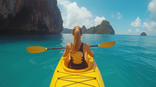 Rear view of a young woman paddling a kayak on a blue sea among mountain rocks - Powered by Adobe