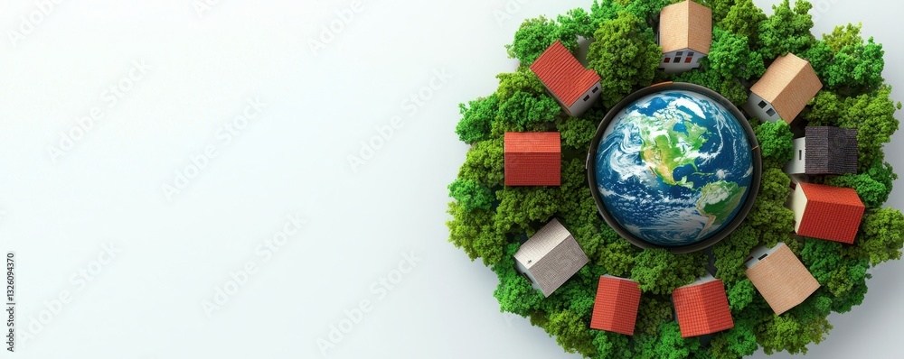 Aufkleber a circular arrangement featuring a globe surrounded by greenery and colorful blocks, symbolizing env