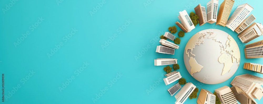 Poster a globe surrounded by miniature buildings on a turquoise background, symbolizing global architecture