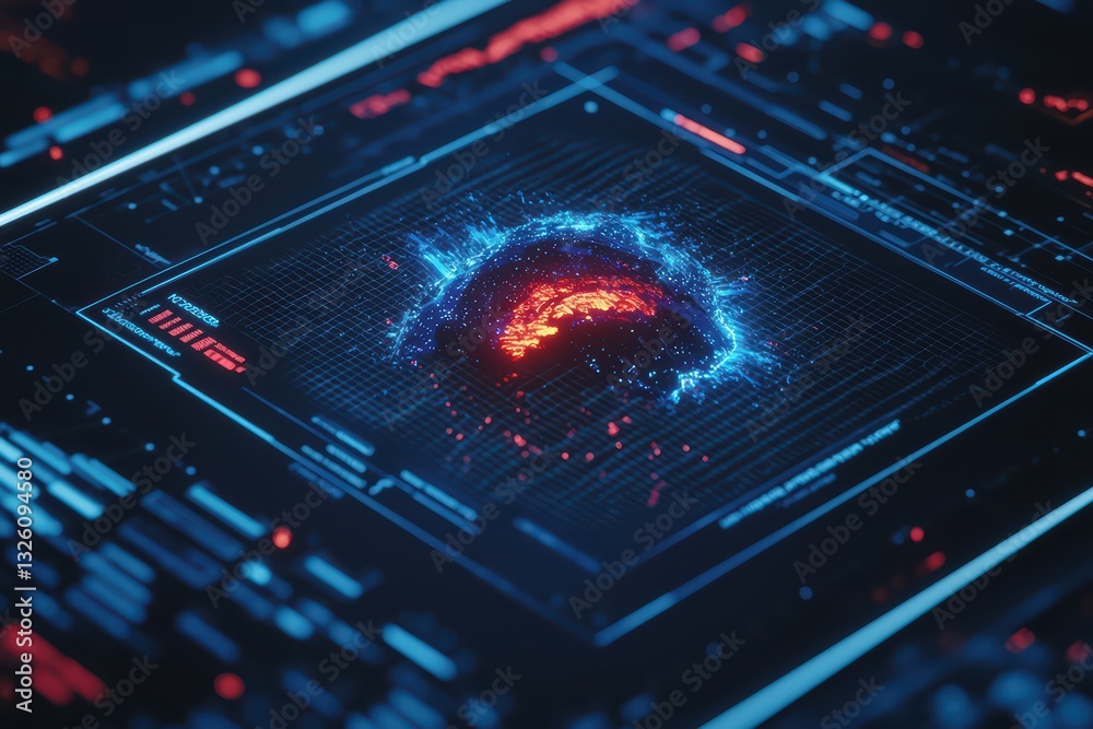 Poster futuristic holographic weather alert display with dynamic visualizations and data overlays