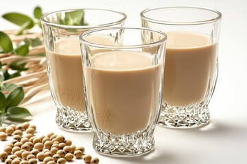 Creamy soy milk glasses, Textured glass tumblers, Fresh soybeans, Green leaves, Beige beverage, Healthy plant-based drink, Natural lighting, Wooden surface, Close-up photography, Soft focus background
