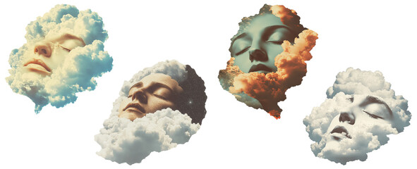 Obraz premium Collection of floating faces emerging from clouds in a surreal dreamlike aesthetic, isolated on transparent background