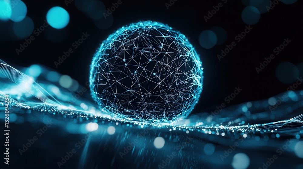 Poster a dynamic glowing blue sphere composed of an intricate network of interconnected points and lines cr