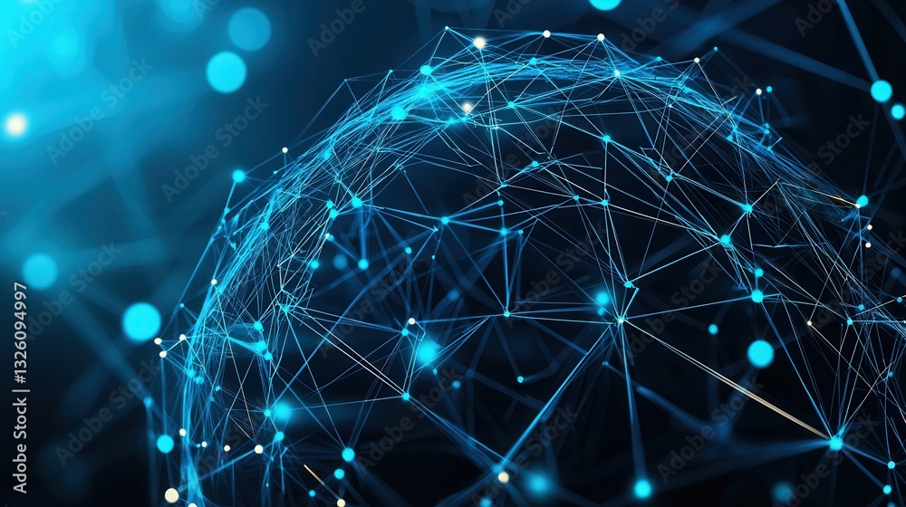 Poster a futuristic digitally rendered wireframe sphere with a complex network of interconnected nodes and 
