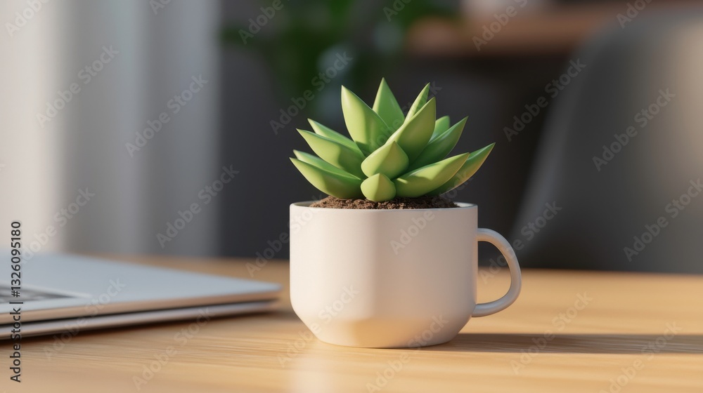 Aufkleber a small succulent in a white cup sits on a wooden table, illuminated by soft light, adding a touch o