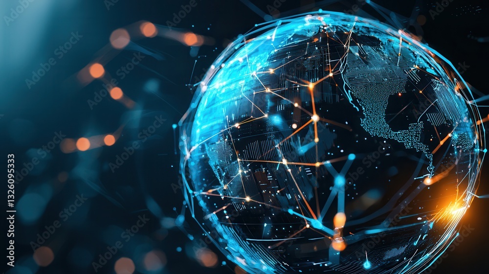 Poster futuristic digital rendering depicting a blue glowing sphere representing the interconnected global 