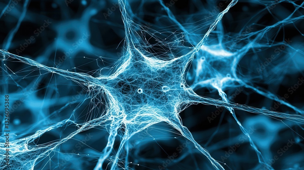 Poster futuristic dark blue abstract background featuring a complex network of interconnected neurons synap