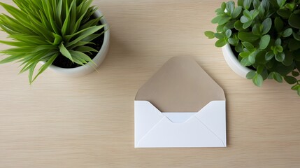 Kraft Envelope Mockup on Wooden Desk with Plants