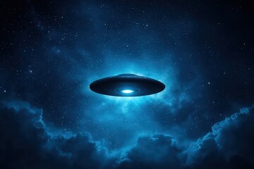 Obraz premium Futuristic Spaceship in Starry Space with Cosmic Light and Clouds Surrounding