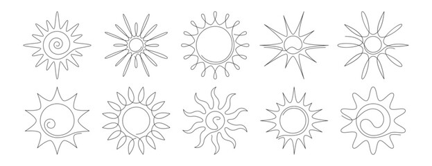 Doodle art vector set of continuous line sun. Summer symbol in simple linear style. Single thin sunshine icons, sunrise weather elements with beams. Black silhouette of sunlight or sunny outline logo
