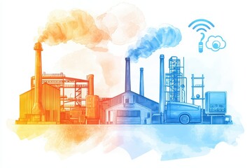 Obraz premium Conceptual Illustration of IoT in Manufacturing with Watercolor Style for Innovative Industry Ideas
