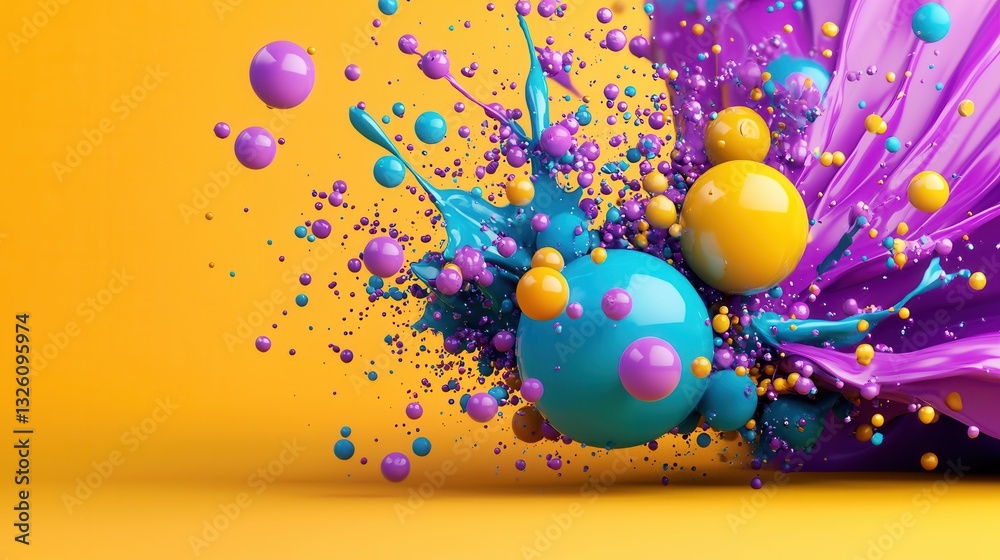 Poster visually striking 3d rendered image featuring a dynamic and colorful arrangement of floating iridesc