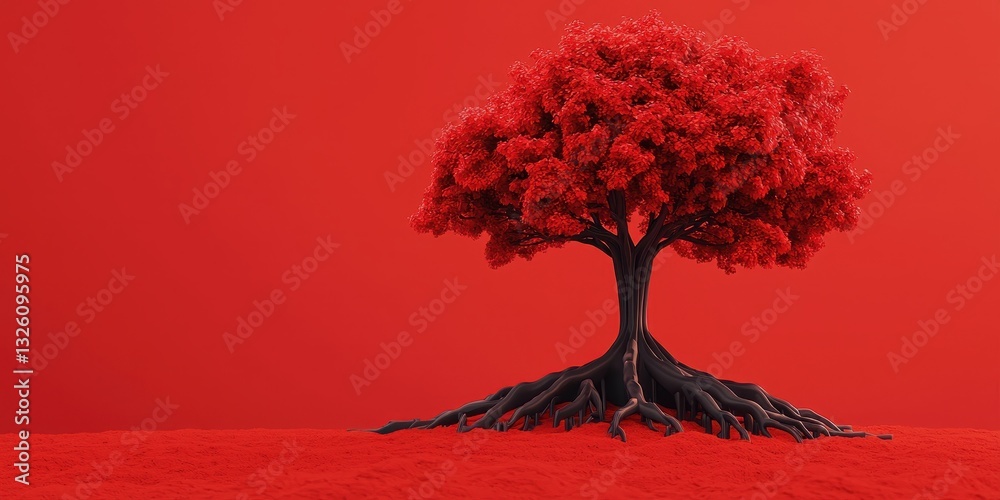 Poster a vibrant red tree stands against a matching background, showcasing a surreal and artistic represent