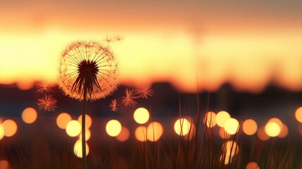 A serene and ethereal scene of a delicate dandelion puff with its wispy seeds drifting through the warm glowing sky at dusk