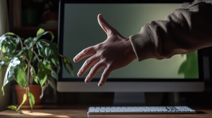 A hand reaching out towards a computer screen, with a plant in the foreground, suggesting themes of technology, connection, and interaction.