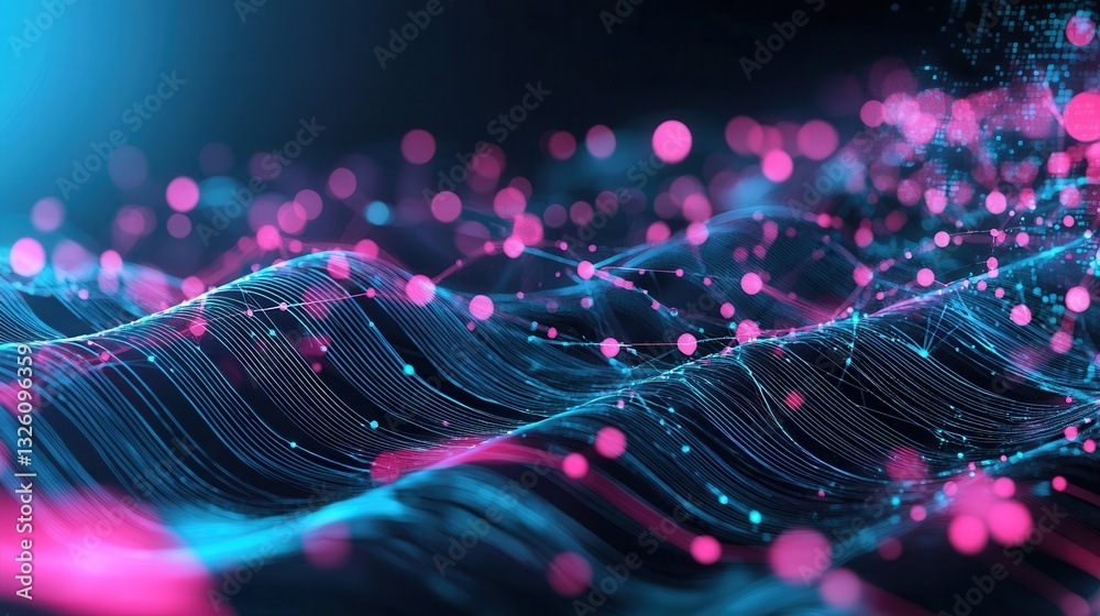Poster vibrant luminous digital data waves flow and connect within a futuristic neural network visualizing 