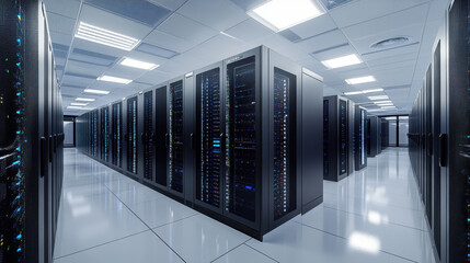 High-tech data center with rows of advanced server cabinets