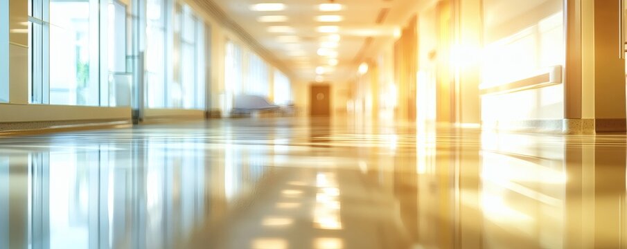 A long bright hospital corridor with shiny floors and windows