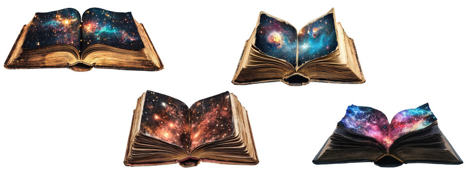 Collection of antique open books with glowing cosmic galaxy pages in a surreal fantasy style, isolated on transparent background