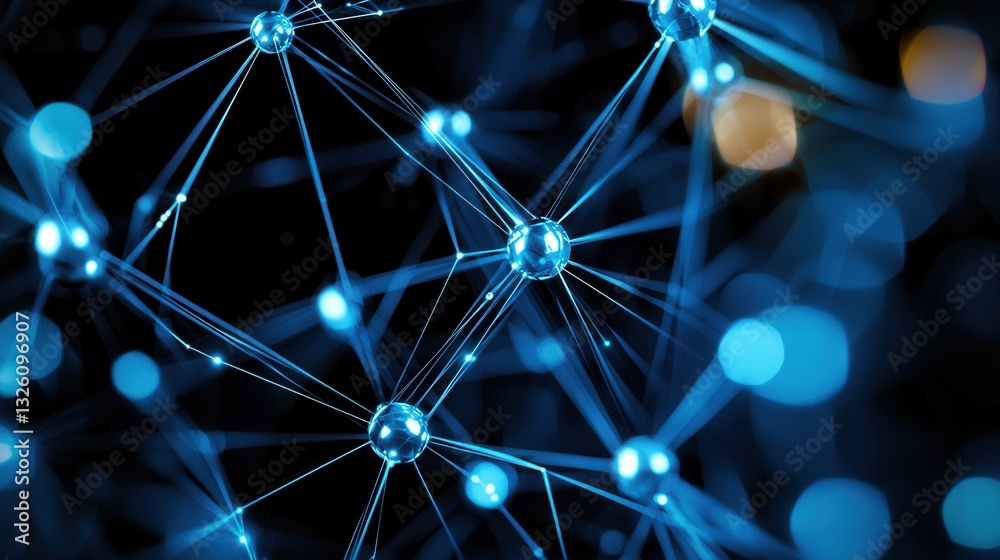 Poster a futuristic and high tech digital network grid with interconnected nodes and lines set against a da
