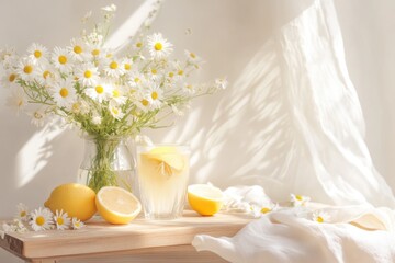 Bright and Refreshing Spring Table Setting With Flowers, Lemonade, and Lemons in Soft Sunlight