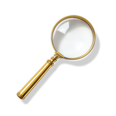 Magnifying Glass Isolated Golden Loupe Lens,  on a white and transparent background, PNG.