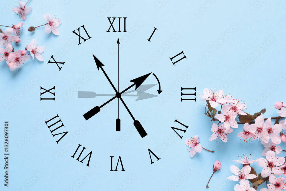 Poster clock and flowers on light blue background, top view. arrow showing time change one hour ahead in sp