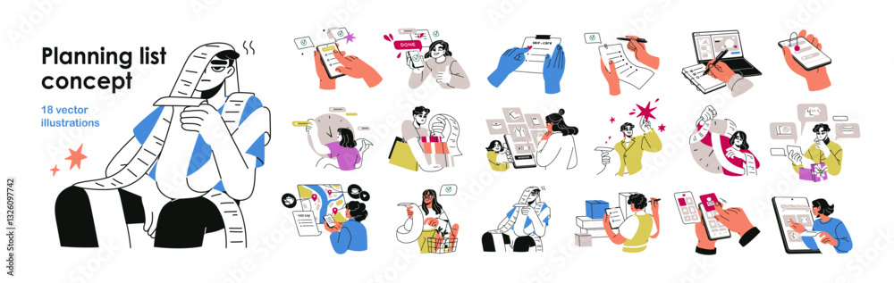 Poster planning, task organization and time management concept set. to-do and wish list, shopping notes, tr