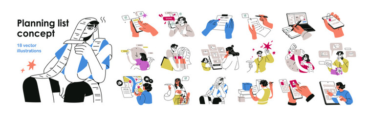 Planning, task organization and time management concept set. To-do and wish list, shopping notes, travel checklists, scheduling, reminders. Flat vector illustrations isolated on white background