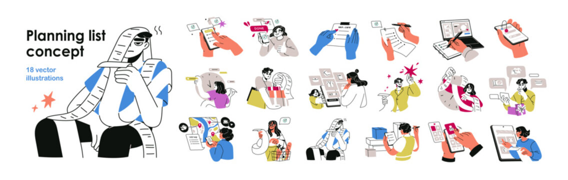 Planning, task organization and time management concept set. To-do and wish list, shopping notes, travel checklists, scheduling, reminders. Flat vector illustrations isolated on white background