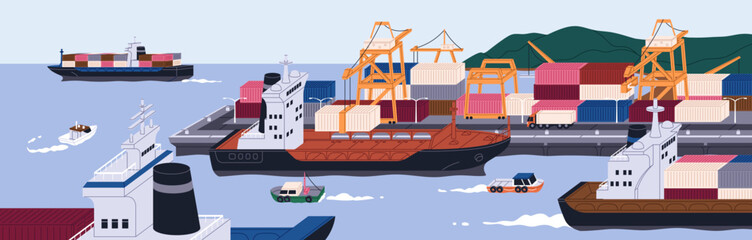 Cargo ship at sea port. Freight vessel at marine terminal, loading and unloading containers with crane. Maritime transport, delivery, shipment, trade and logistics concept. Flat vector illustration © Good Studio