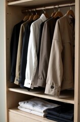 neatly arranged jackets and blazers on wooden hangers in wardrobe. various shades including black, white and beige. neutral, minimalist aesthetic. fashion, clothing organization