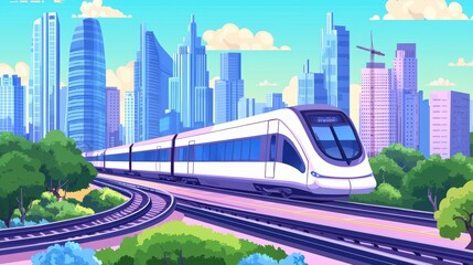 Naklejka premium Modern High-Speed Train Concept in Urban Landscape with Skyscrapers and Greenery