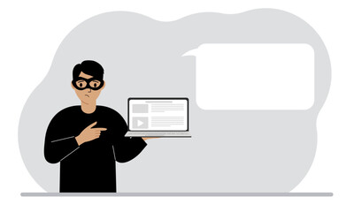 Hacker in a black mask with a computer. The cybercriminal is holding a laptop. Cyber attack, mobile phishing, scam. Vector flat illustration