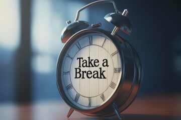Alarm clock with the message Take a break on a wooden surface
