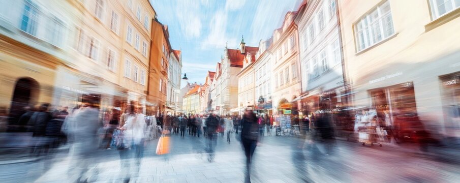 A bustling street scene with buildings and pedestrian motion blur