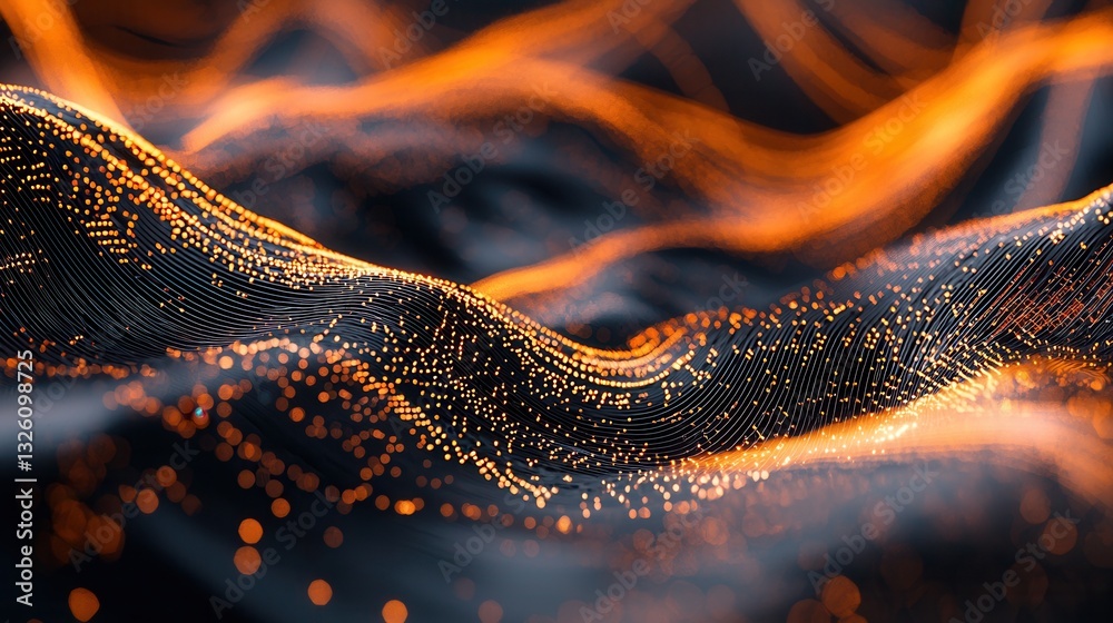 Poster a mesmerizing futuristic digital artwork depicting a flowing luminous wave of interconnected data an