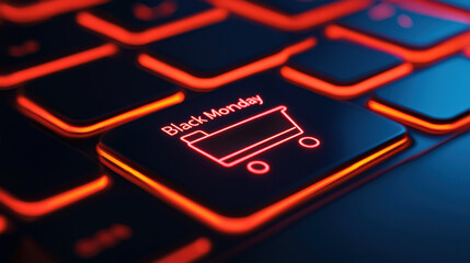 A close-up of a computer keyboard emphasizing the Black Monday shopping key, symbolizing online retail excitement.