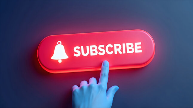 Bold red YouTube Subscribe button with bell icon and pointing hand, high-quality 3D rendering for digital engagement - Powered by Adobe